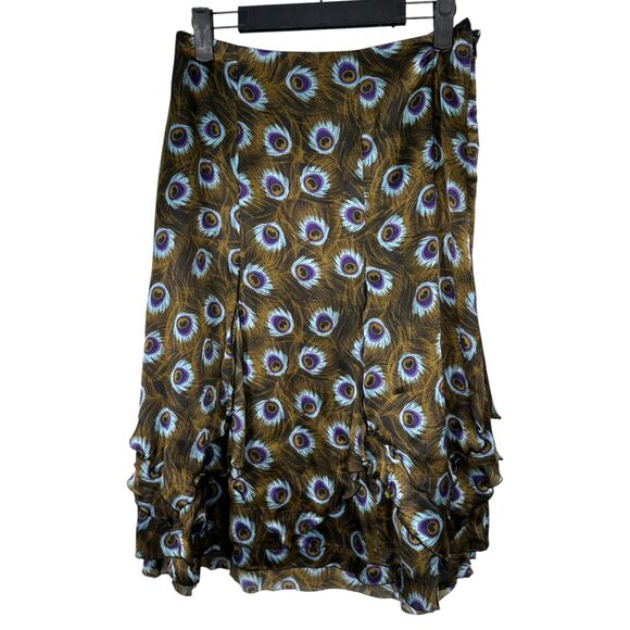 Etcetera Silk Peacock Asymmetrical Flowy Handkerchief Knee Length Skirt Size 6 - Picture 1 of 6
